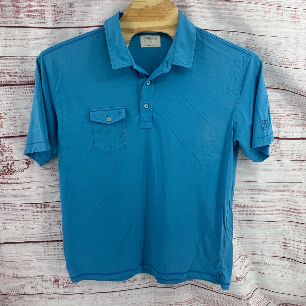 Linksoul Polo Shirt Mens XL Blue Luxury Cotton Short Sleeve Pocket Casual Preppy
